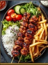 Chicken Skewers, Fries & Rice